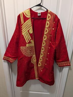 Vtg. Rainbow Dashiki Coat Jacket Red Gold Embroidery Long Sleeve One Size Unisex